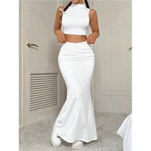 Flirla Women's Stand Collar Cropped Vest Top And Mermaid Skirt Set